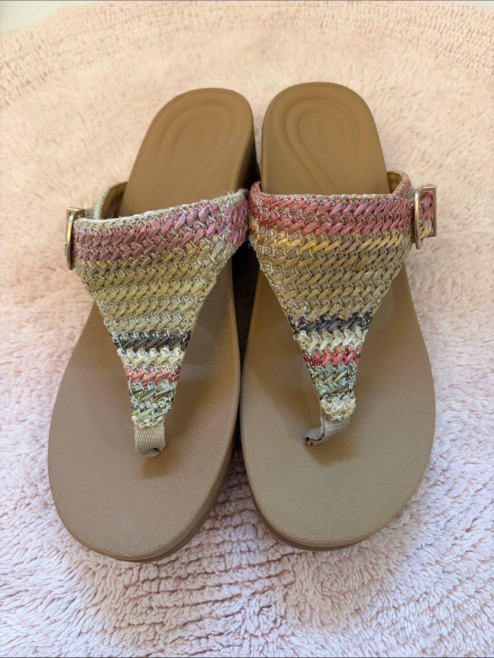 Aetrex Tan Footbed Sandals with Multicolor Woven Strap size 38